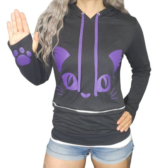 Kitty Cat Sweater Womens Medium Black Purple Pink Grunge Punk Cosplay Hot Topic - Picture 2 of 15